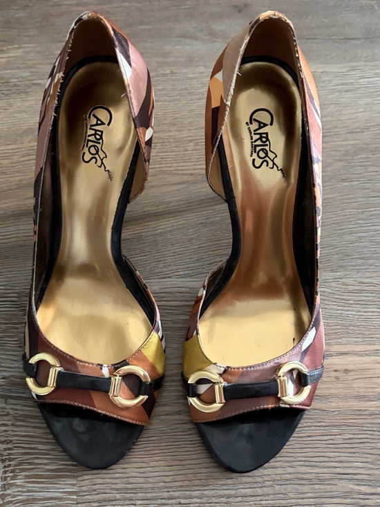 Carlos by Carlos Santana Shoes - Carlos by Carlos Santana Multicolor Brown Tan Black Gold Buckle Open-Toe Heels